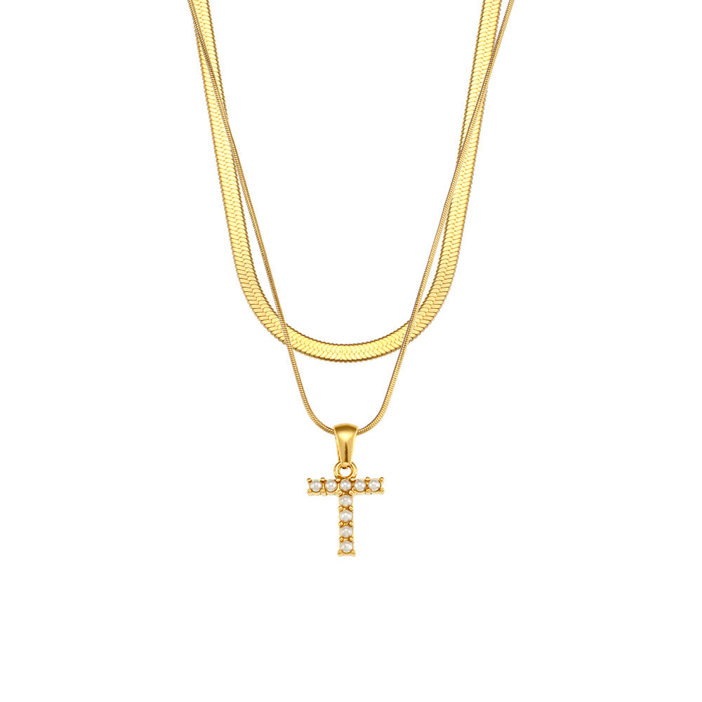 Collier initiale double chaîne doré, lettre T