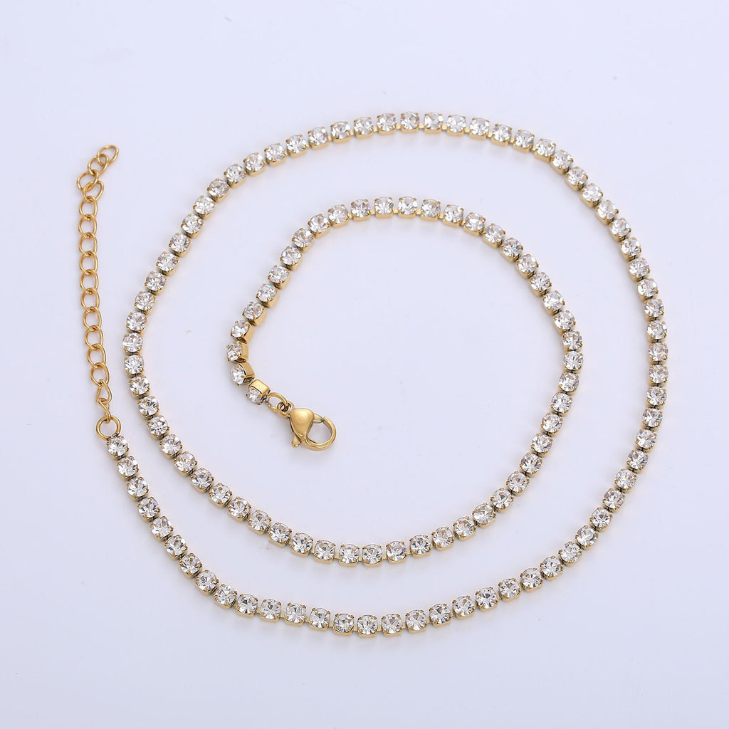 Collier rivière de zircons doré, chaîne en acier inoxydable avec fermoir doré et zircons ronds sertis