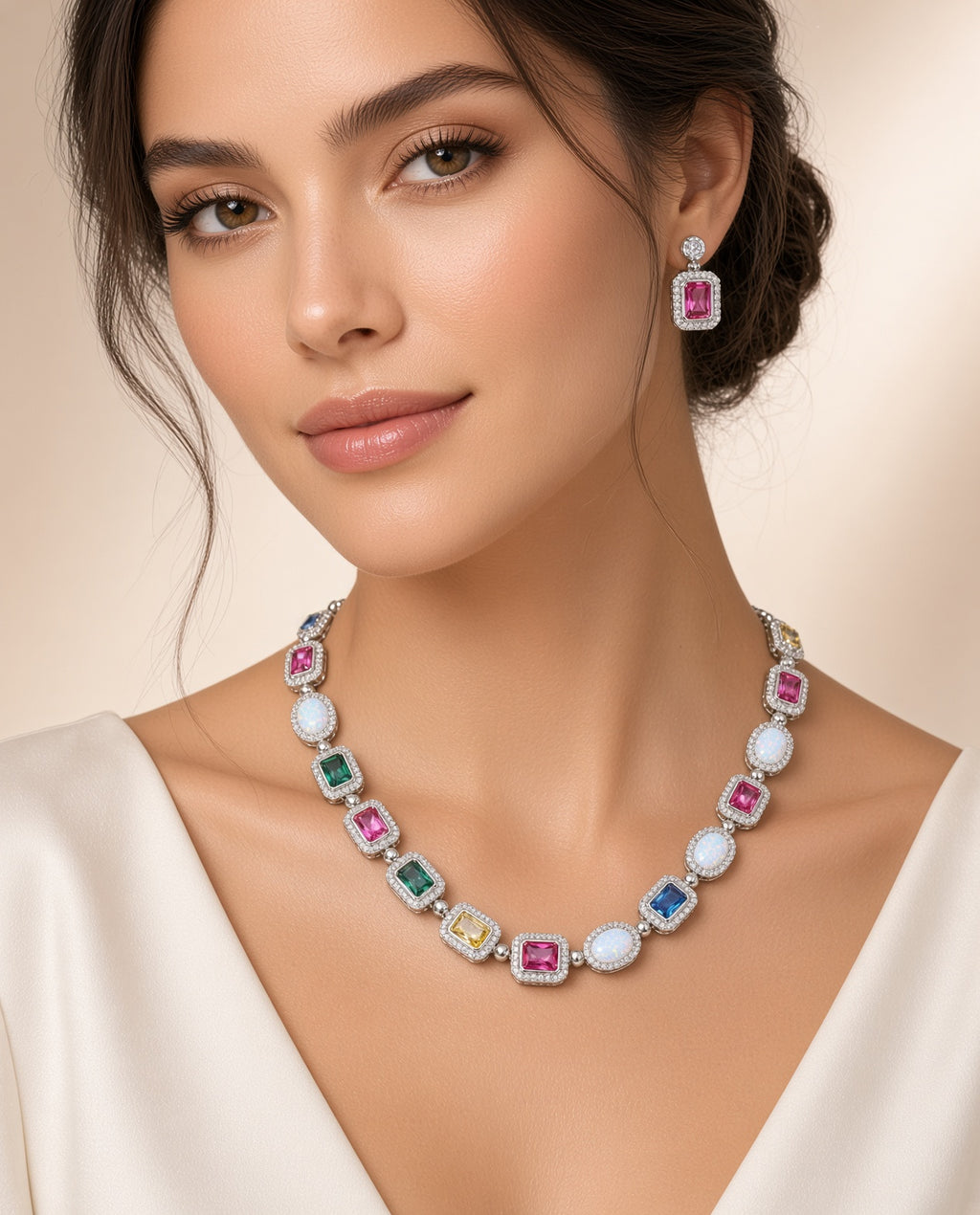 Collier multicolore argenté porté