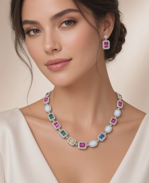Collier tennis multicolore zircons argenté